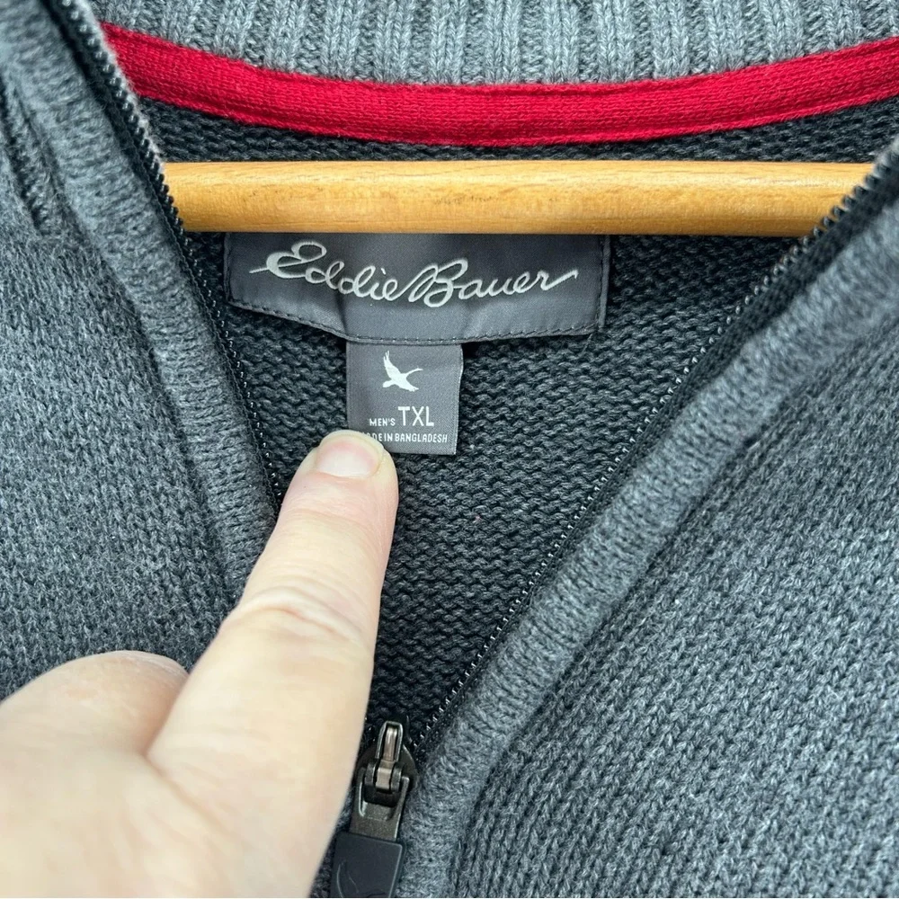 Eddie Bauer 1/4 Zip Pullover Mens XL Tall Red Gray Sweater Outdoorsman Cabincore